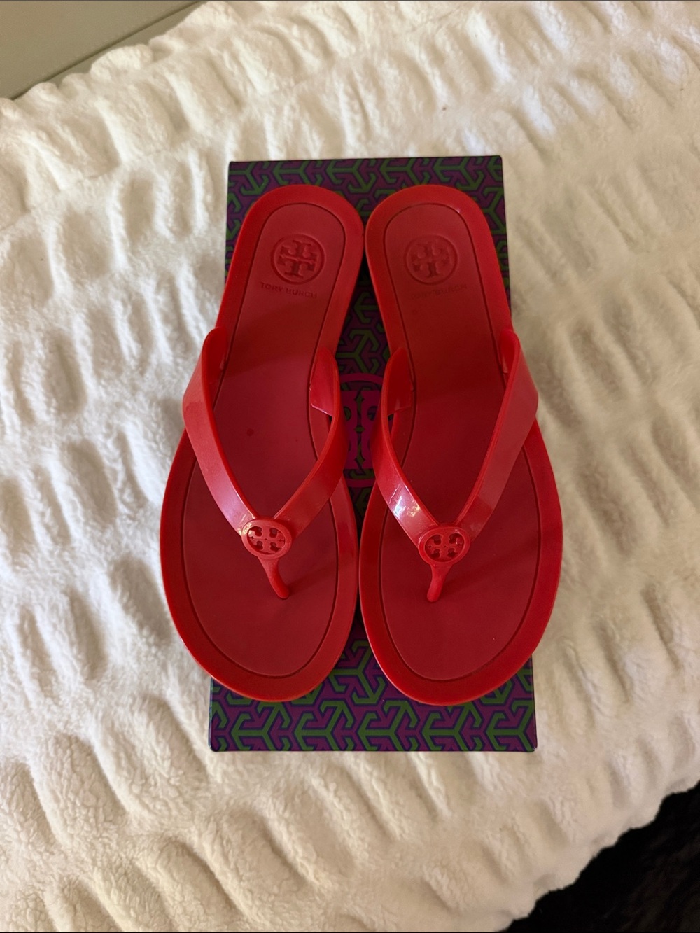 Tory Burch Bright Red Logo Jelly Flip Sandals